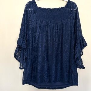 Women's Navy Blue Floral Lace Peasant Blouse Bell Sleeve